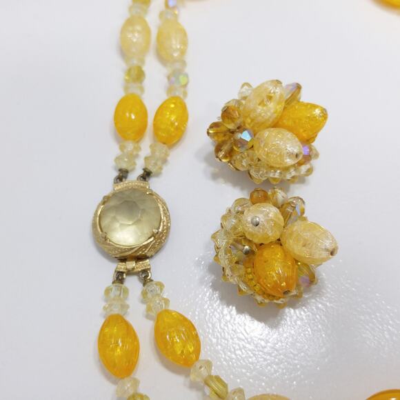 Vintage  Yellow Orange Lucite Beaded Necklace & Earrings, AB Crystals, 1960s - Picture 10 of 10